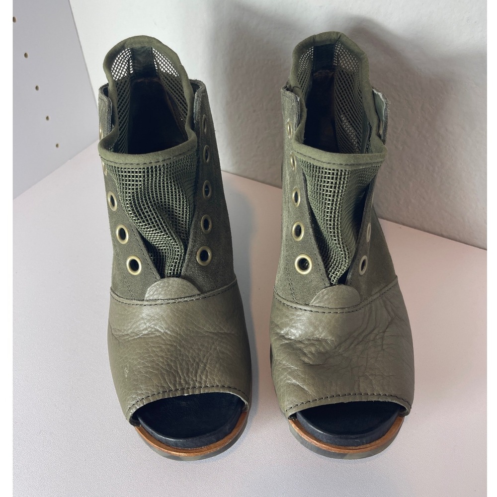 Sorel Joanie Mesh Peep Toe Wedge Sandals Olive Green Leather Womens 9.5 - Picture 2 of 9